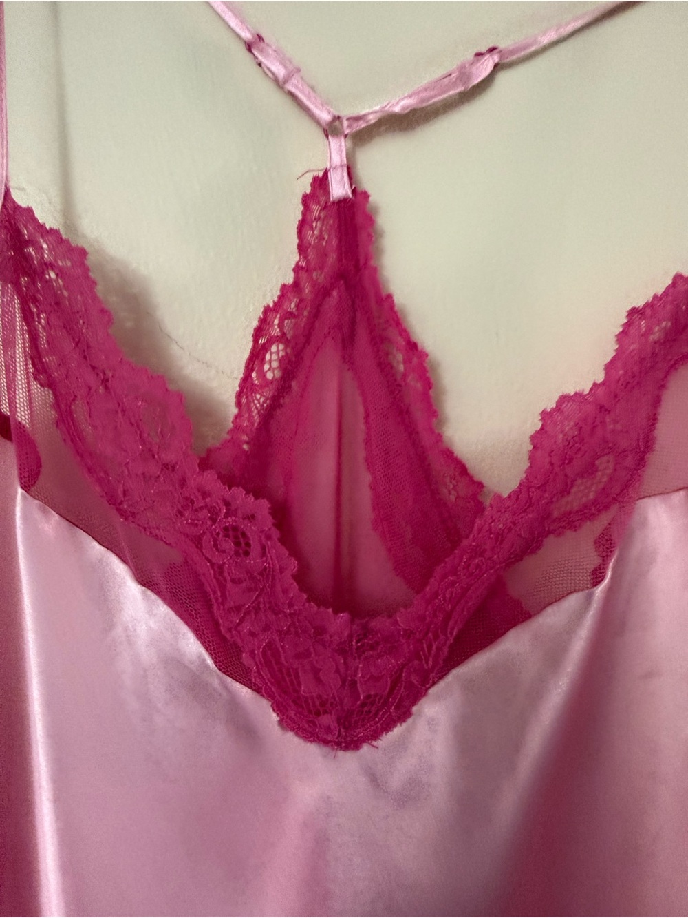 Pink Satin Slip Chemise with Fuchsia Lace Trim - Picture 5 of 9